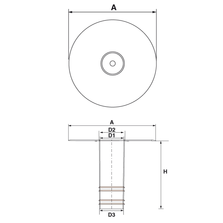 Bouche d’évacuation “EURO” en TPO à queue h 250 mm - pour tubes diamètre 75 mm